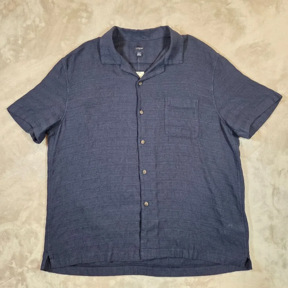 J.Crew Mens XL Linen Cotton Camp Collar Shirt Navy Short Sleeve NWT